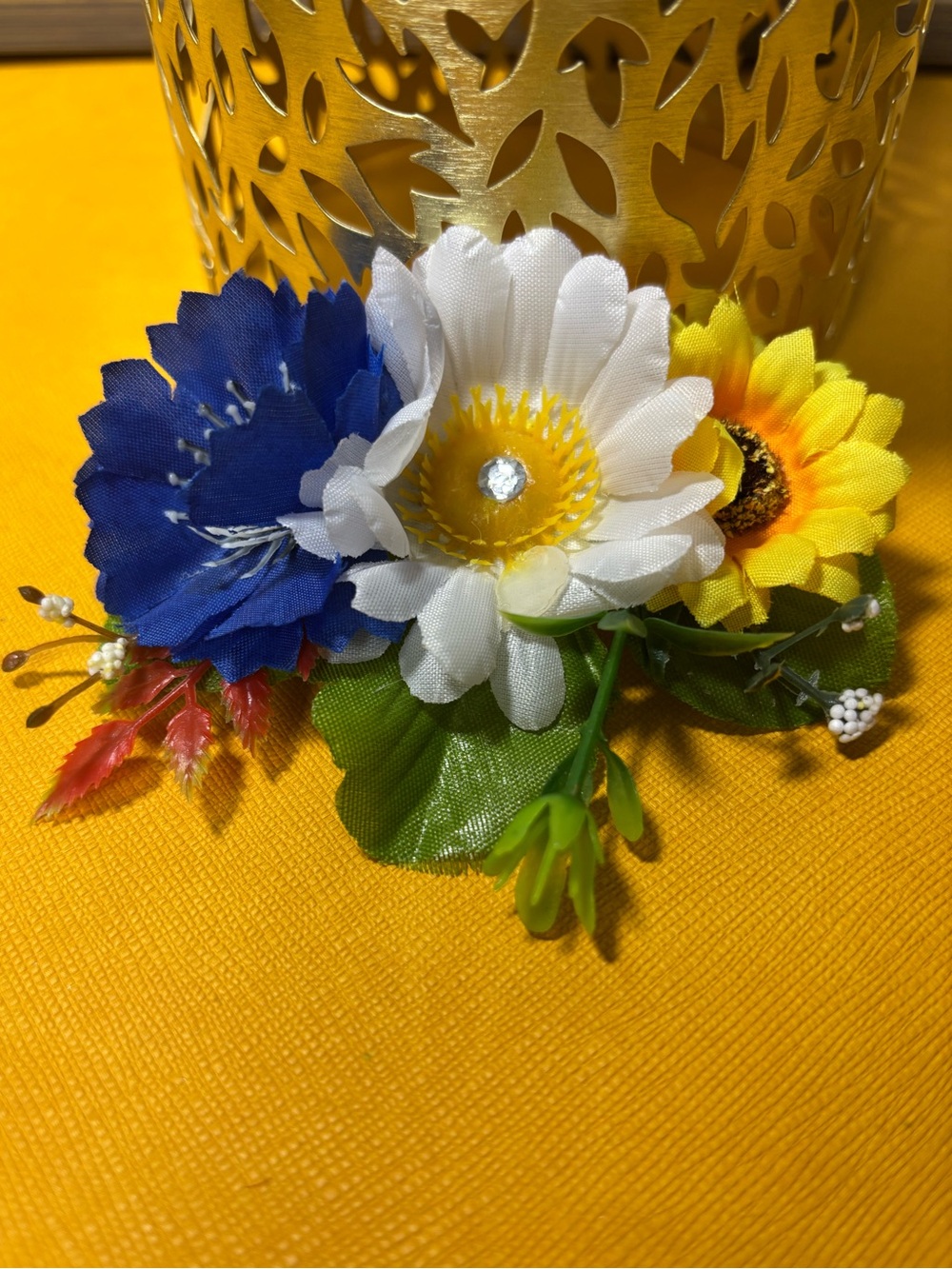 Handmade Blue, White & Yellow Floral Hair-clip. 3”